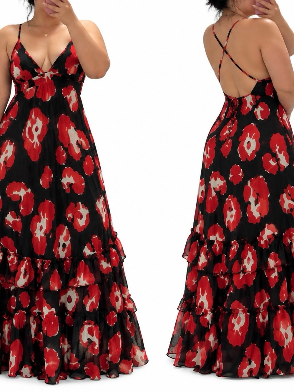 Fashion Nova Black Maxi Dress with Red and White Floral Print